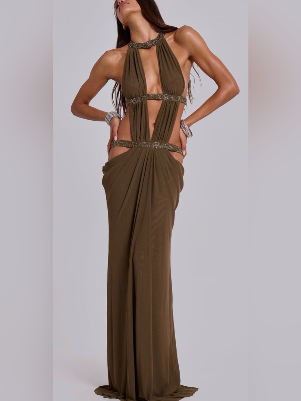 Jaded London 6AM Cut Out Maxi Dress in Khaki Moss sz 4